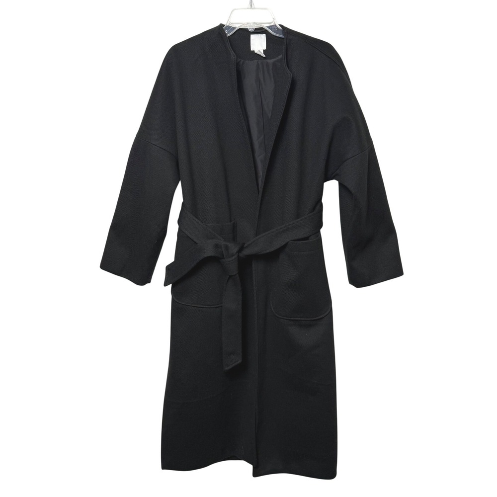 H&M Black Belted Wrap Coat Longline Side Slit Jacket Small